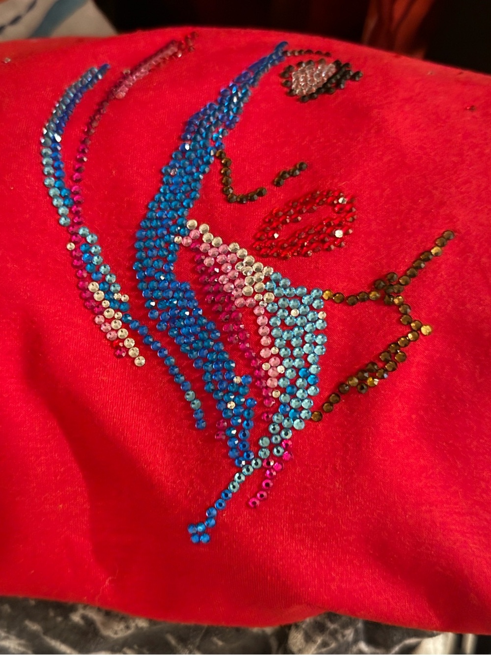 RESERVED for bigmama. Red Top with Multicolor Rhinestone Face Designhandmade